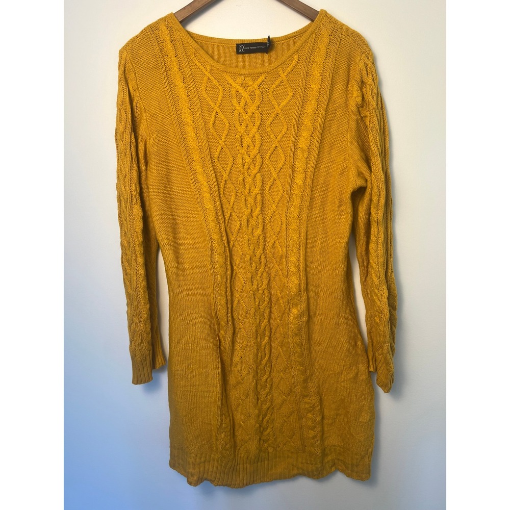 Sweater Dress XL Yellow Cable Knit Long Sleeve Crew Neck Minimal Chic Cozy Fall